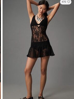 Anthropologie Black Sheer Lace Halter Mini Dress